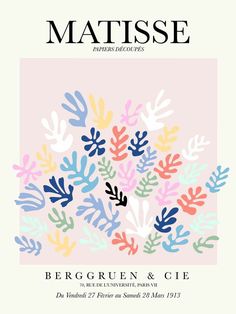 the front cover of matissee magazine with colorful leaves on pink and blue background