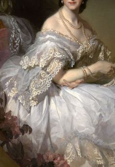 a painting of a woman in a white dress with pearls on her head and hands