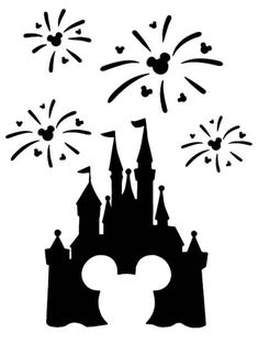 mickey mouse silhouette with fireworks in the sky above it, and an image of disney's castle