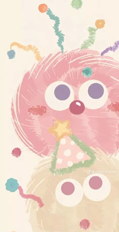 a drawing of a pink cat with big eyes and a star on its chest, sitting in front of a white background