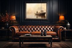 a living room with a leather couch and coffee table in front of a painting on the wall