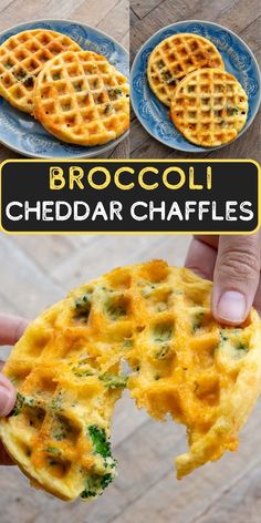 broccoli cheddar waffles on a blue plate with the title