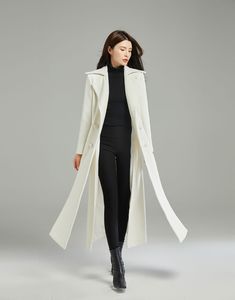 "★★ FEATURES 50% wool blend, 50% fiber, nylon Polyester lining Two side pockets Notched collar Long sleeve coat Double breasted wool coat Asymmetrical wool coat A-Line wool coat Belted wool coat Perfect for winter, autumn Dry clean * Size XS-Sample is ready to ship, Only 1 available, don't accept refund, exchange ★★Mode size Height 170cm (5′ 7″) Bust 84 cm (33\") Waist 66 cm (26\") She wears size XS. ★★ Custom order selection, Will charge 20USD-70USD custom fees Request Chang the Length Request Aritzia Conner Coat, White Peacoat Outfit, Long White Coat, Belted Wool Coat, Long Coat Outfit, White Peacoat, White Wool Coat, Women Winter Coat, Medieval Cosplay