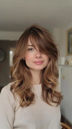 Side Fringe Mid Length Hair, Long Fringe Side Parting, One Side Fringe, Long Layers With Side Bangs Round Face, Wedding Hair With Side Bangs, Side Haircuts Women, Side Bang Wavy Hair, Curtain Bangs Side Part Straight Hair, Bangs For Side Part