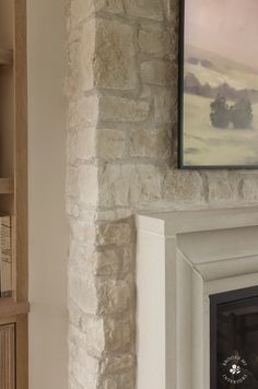 a living room with a fire place and bookshelf next to the fireplace in it