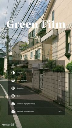 an image of a street with houses and power lines in the background that reads green film