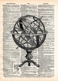 an old book page with a globe on top and words in the middle, all over it