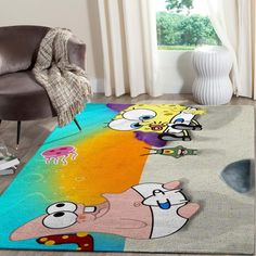 rugs with cartoon characters on them in a living room area next to a chair