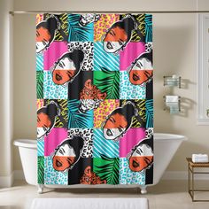 a colorful shower curtain with an image of a woman's face on the front