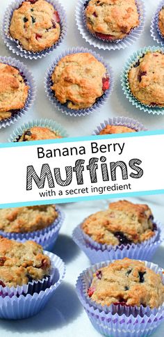 banana berry muffins with a secret ingredient in the middle are ready to be eaten