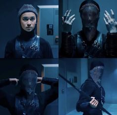 four different images of a woman with her hands in the air and wearing metal headgear