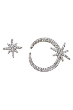 Nebeski Earrings – Shop Premium Outlets Premium Outlets, Moon Studs, Moon And Stars, Crystal Stud Earrings, Chic Jewelry, Brass Earrings, Pretty Jewellery, Make A Wish, Stars And Moon