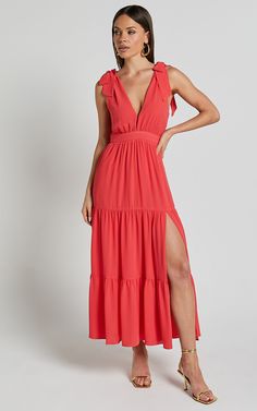 Teri Midi Dress - Tie Shoulder Plunge Tiered Dress in Coral Chic Pink Maxi Dress With Tie Straps, Elegant Tiered Maxi Dress With Tie Straps, Recruitment Dresses, Coral Orange Dress, Dress Georgette, Basic Black Dress, Bachelorette Dress, Neon Outfits, Spring Maxi Dress