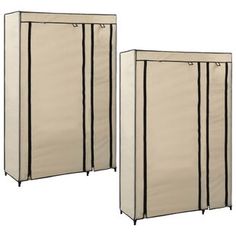 two beige and black storage cabinets with doors open to reveal the same fabric covering on each side