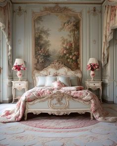 an ornate bedroom with pink flowers on the wall and white bed in front of it