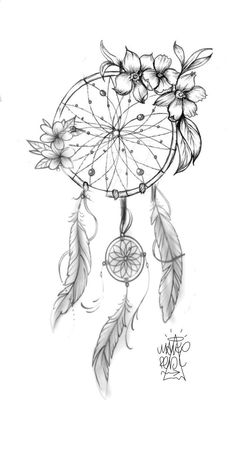 a drawing of a dream catcher with flowers on it