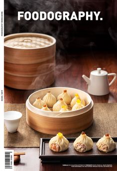 an advertisement for food photography with dumplings in a wooden bowl and two cups on the table