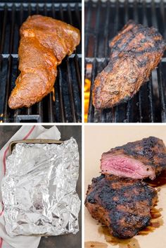 four different pictures of steaks cooking on the grill, and then being grilled