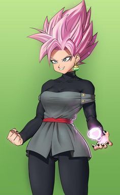 an anime character with pink hair and black pants holding a purple object in her hand