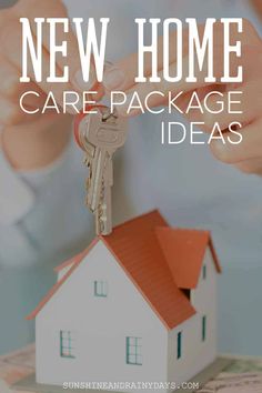 a woman holding a house key with the words new home care package ideas on it