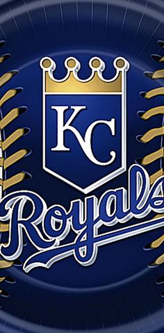 the kansas royals logo on a blue paper plate with gold foil lettering and a crown