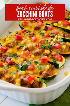 zucchini boats with meat and veggies in a casserole dish