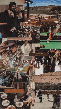 collage of photos with people and objects in them, including pool table, woman leaning on man's shoulder