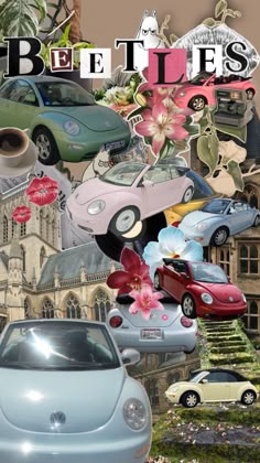 a collage of cars and flowers with the words beetle's on it in front of them