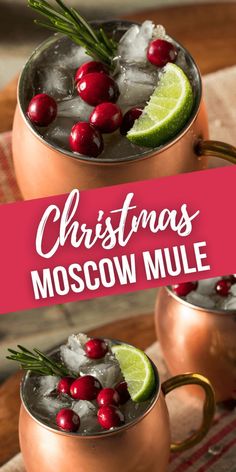 two moscow mules with cranberries, lime and rosemary garnish in copper mugs