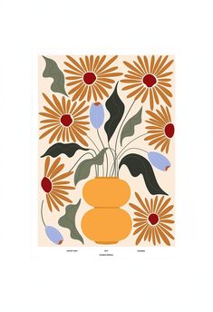 an orange vase filled with flowers on top of a white wall