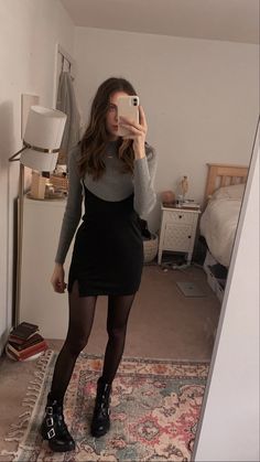 Stockings Winter Outfit, Fall Outfits With Panty Hose, Black Dress Winter Outfit Tights, Stockings Dress Outfit, How To Style Stockings With Dress, Black Nylons Outfit Dresses, Black Tights Winter Outfit, Short Dresses In Winter, Black Dress Stockings Outfit