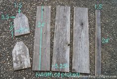 three pieces of wood laid out on the ground next to each other with measurements for them