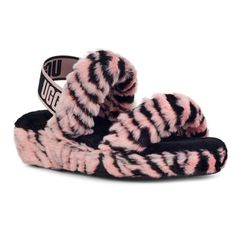 Ugg Oh Yeah Pink Scallop Tiger Slippers Nwt $110 Pink Black Women's Size 11 Retails For $110 Slip Into Comfort With These Plush Sandals Made From Ultrasoft Sheepskin. The Molded Rubber Sole Ensures A Sturdy Step. 1.5" Heel Slip On With Elastic Heel Strap Man-Made / Faux Fur Upper Faux Fur Lining Faux Fur Wrapped Midsole Molded Rubber Outsole Ugg Coquette Slippers, Yellow Slippers, Ugg Dakota Slippers, Uggs Moccasins, Brown Slippers, Pink Uggs, Ugg Tasman Slippers, Faux Fur Wrap, Pink Slippers