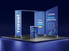 an exhibition stand with blue and white signage