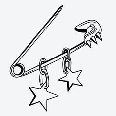 a pair of scissors hanging from a hook with stars around it on a white background