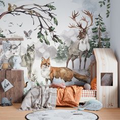 an animal themed children's room with deer, fox and other animals on the wall