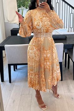 Elegant Print Long Sleeve Pleated Midi Dress"Without Belt" Women's Fashion Dresses Classy, Classy Modest Outfits Church, Church Attire For Women Classy, Classy Modest Outfits, Sunday Outfit Church Casual, Church Attire For Women, Modest Dresses For Church, Long Sleeve Floral Maxi Dress, Church Dresses For Women