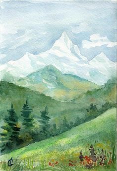 a watercolor painting of mountains and trees