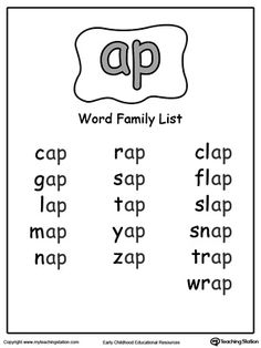 the word family list is shown in black and white, with words that spell out