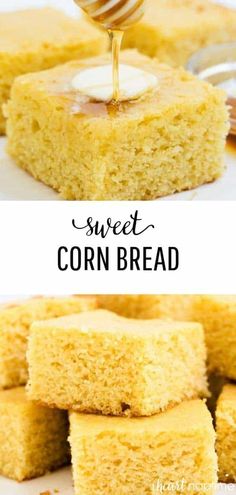 cornbread with honey being drizzled over it and then topped with butter