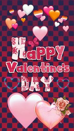 happy valentine's day card with hearts and flowers on checkerboard pattern background