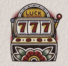 a drawing of a slot machine with the words lucky 777 written in front of it