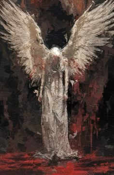 an angel with white wings standing in front of a dark background and red paint on the wall