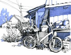 an ink drawing of a bike parked in front of a house