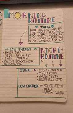 a notepad with writing on it that says morning routine and the words night routine