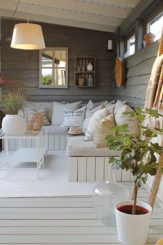 a white couch sitting on top of a wooden floor next to a potted plant