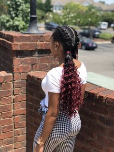 2 Feed In Braids With Curly Ends, Ombre Feed In Braids, Feed In Dutch Braids, Burgundy Ponytail, Sweetheart Hair, Feed In Braids Ponytail, Feed Ins, Trendy We Fryzurach, Feed In Braids