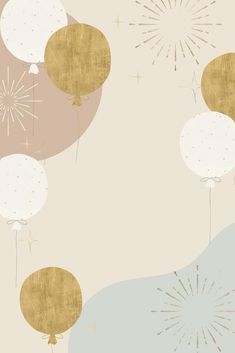 an abstract background with balloons and confetti in gold, white and grey colors