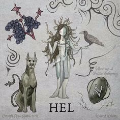 a drawing of a woman and two dogs with the word hell written below her on it