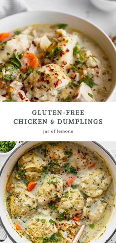 Two images of chicken & dumplings. Gf Dumplings, Gluten Free Chicken And Dumplings, All The Healthy Things, Chicken Fresh, Chicken Dumplings, Dumplings For Soup, Gluten Free Recipes Easy